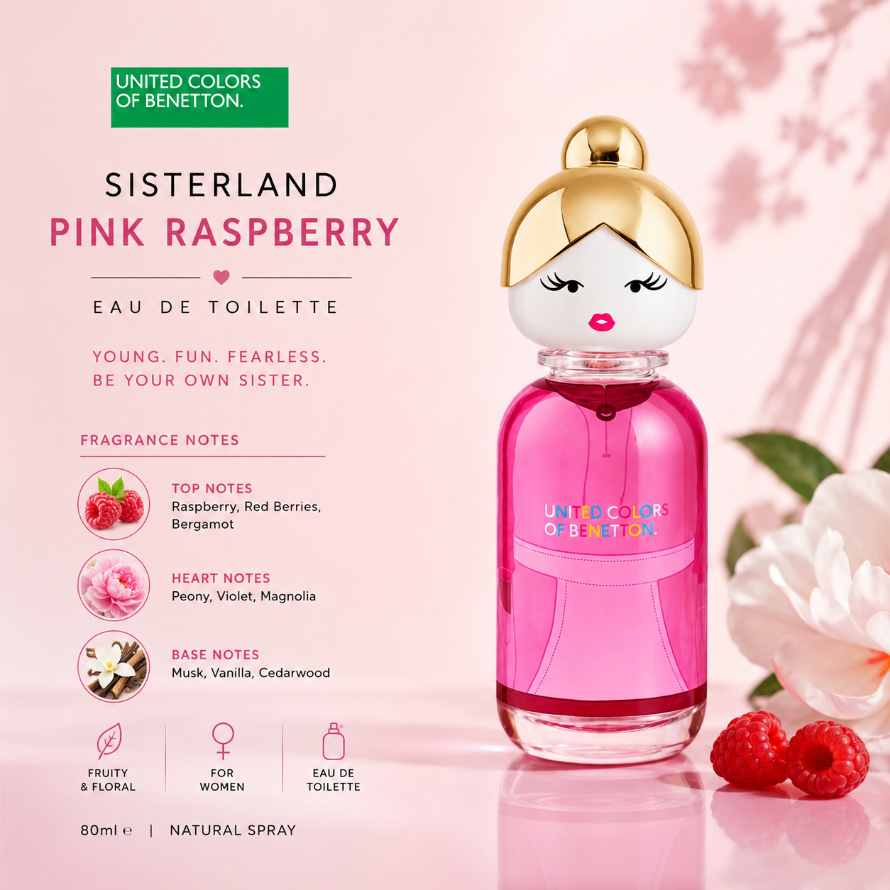 Benetton Sisterland Pink Raspberry EDT 80ml, pink women's fragrance bottle
