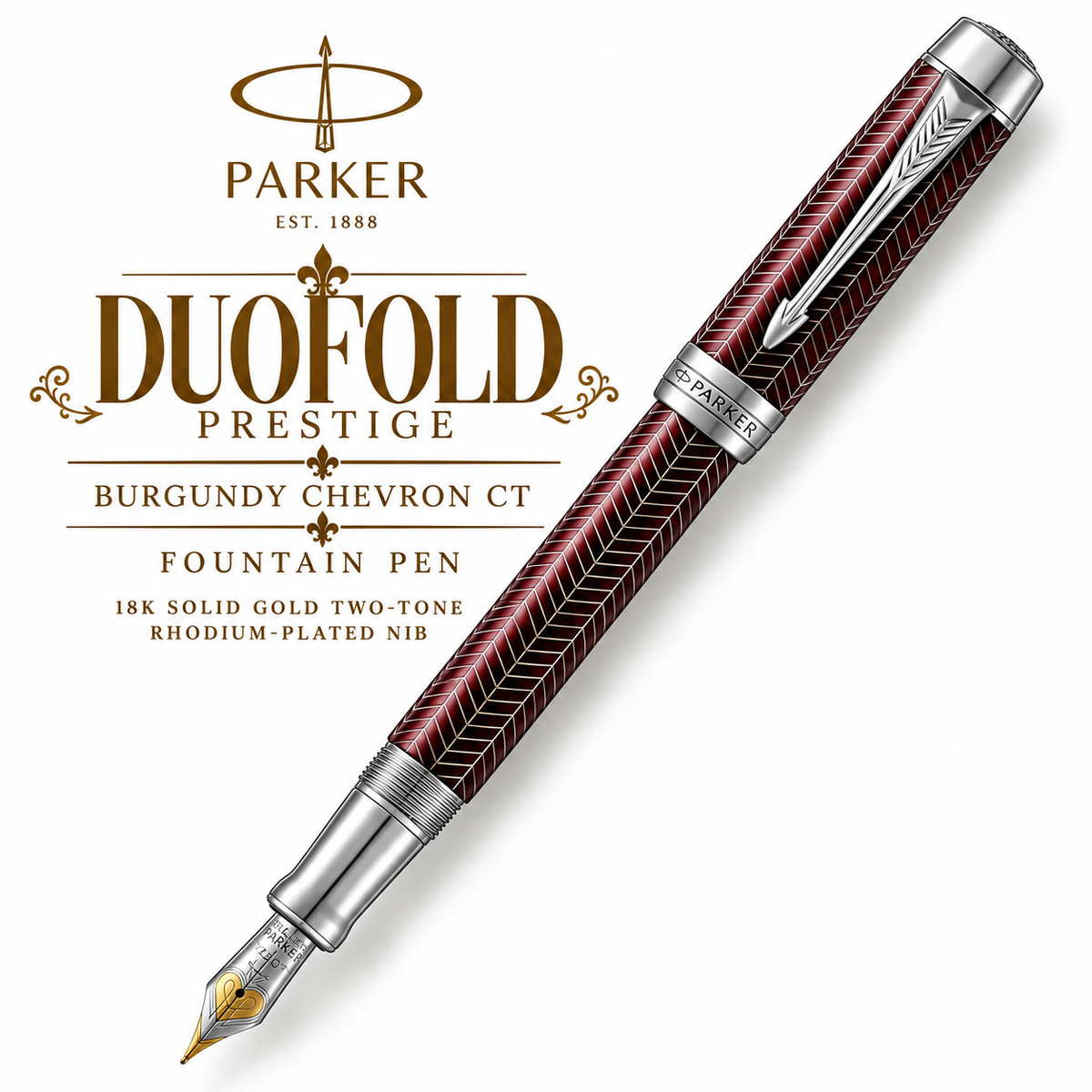 Parker Duofold Prestige Burgundy Chevron CT Fountain Pen – 18K Solid Gold Two-Tone Rhodium-Plated Nib