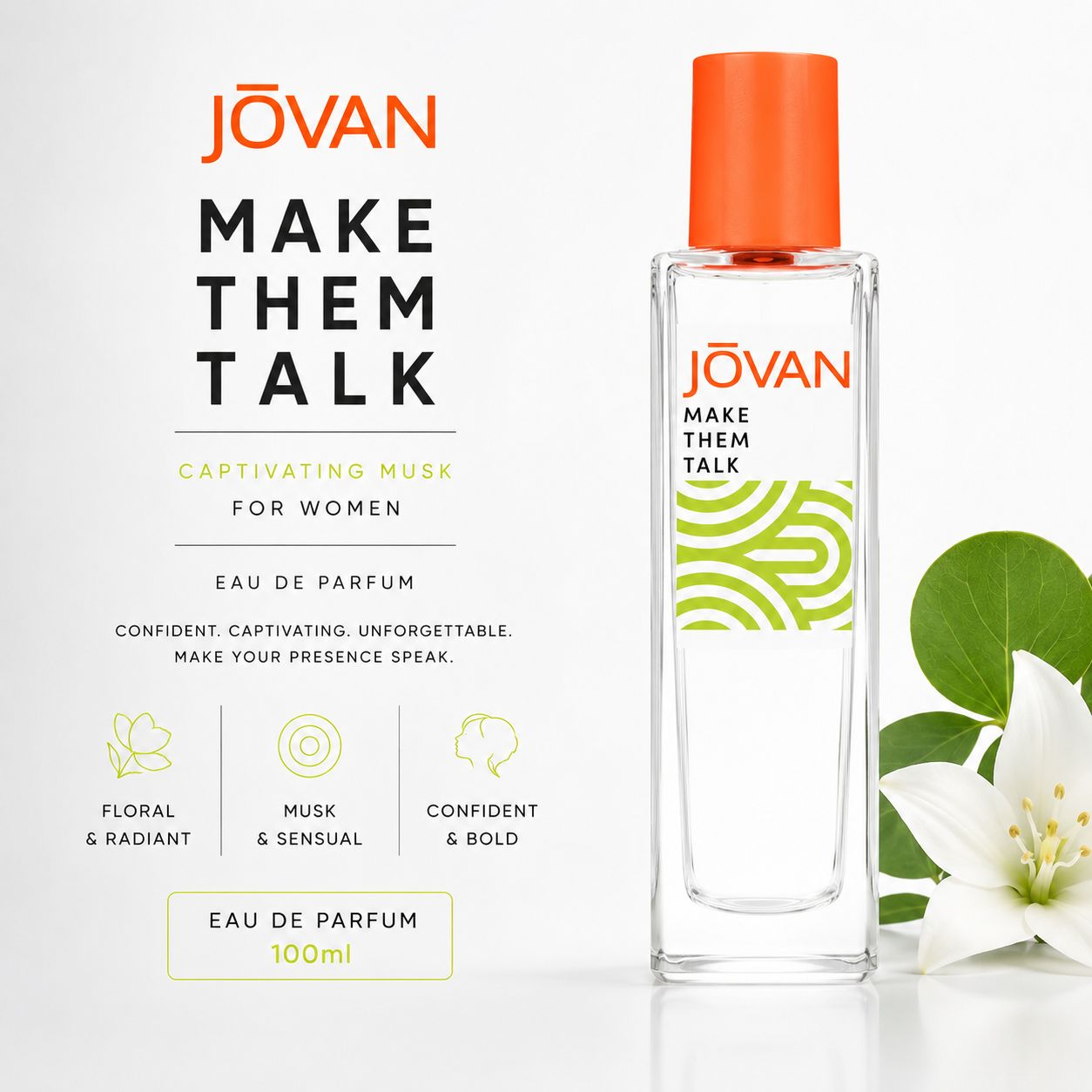 Jovan Make Them Talk captivating musk EDP 100ml, women's fragrance bottle