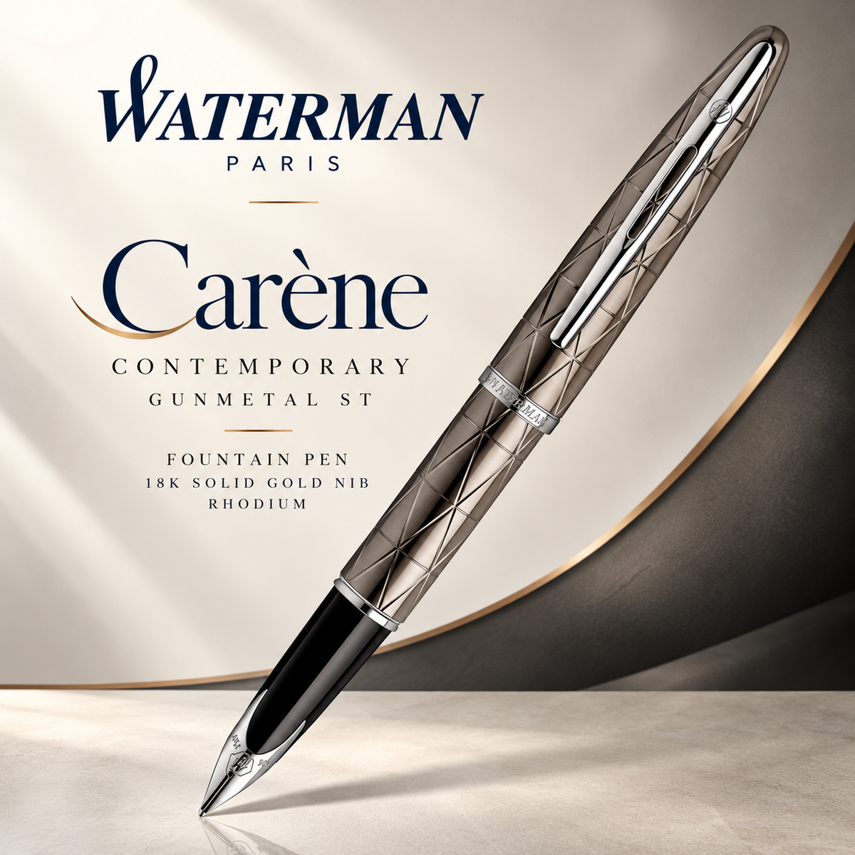 Waterman Carène Contemporary Gunmetal ST Fountain Pen – 18K Solid Gold Rhodium-Plated Medium Nib