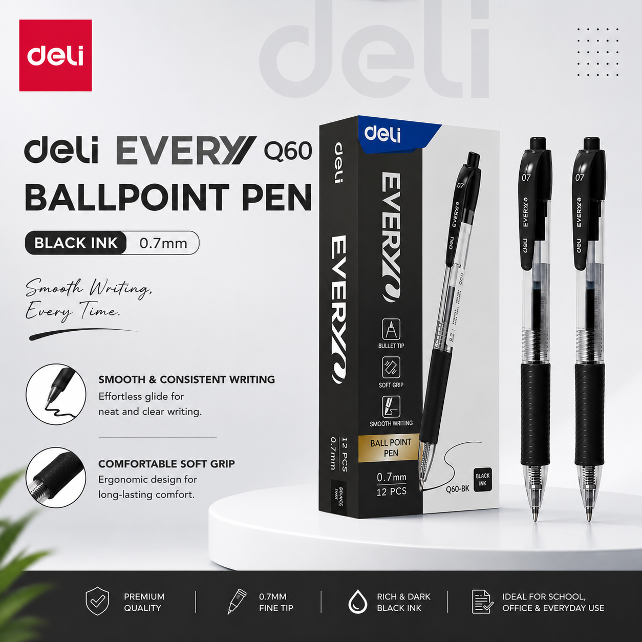 Deli Every Q60 Ballpoint Pen – 0.7mm (Blue / Black / Red)
