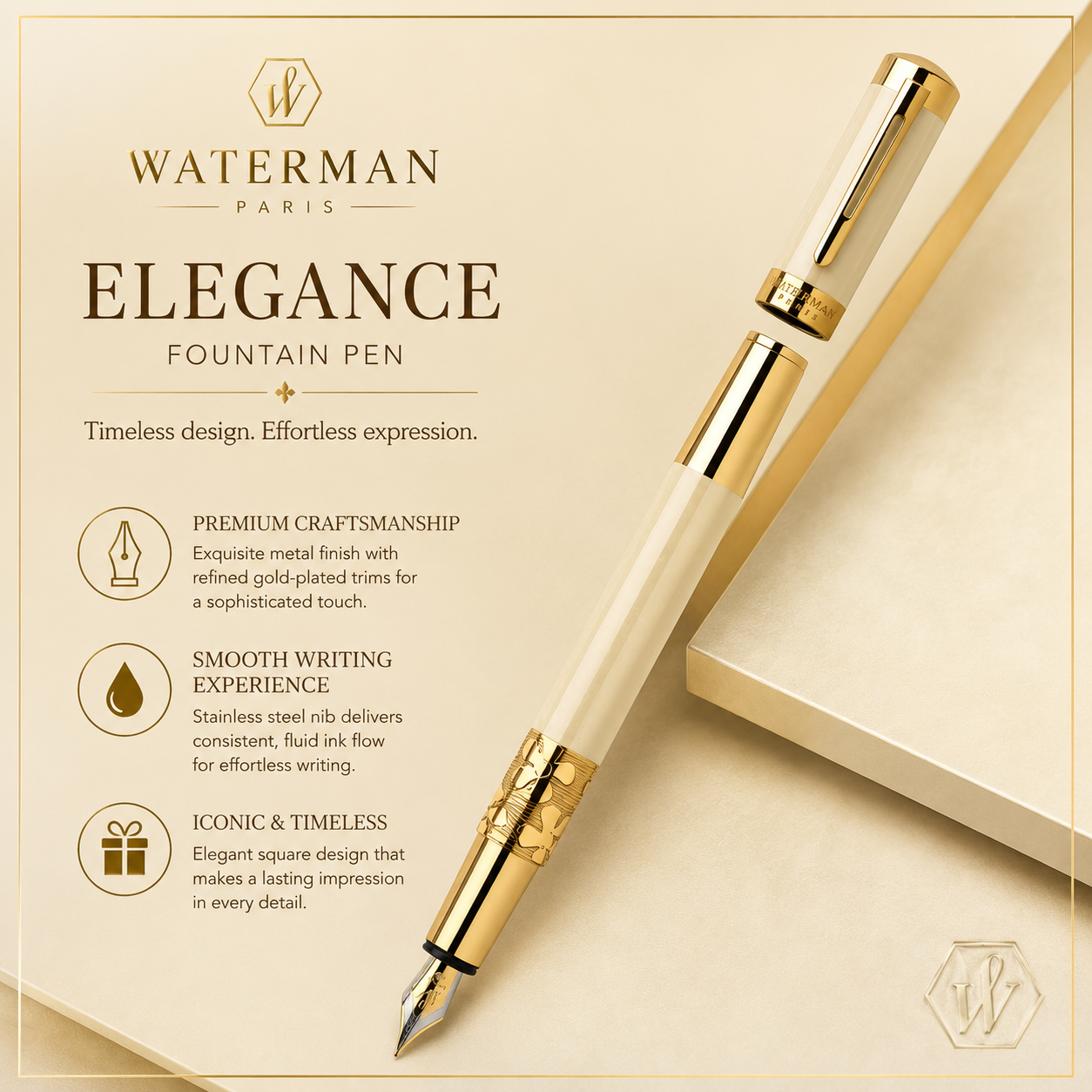 Waterman Elegance Fountain Pen – Ivory Lacquer GT | French Craftsmanship