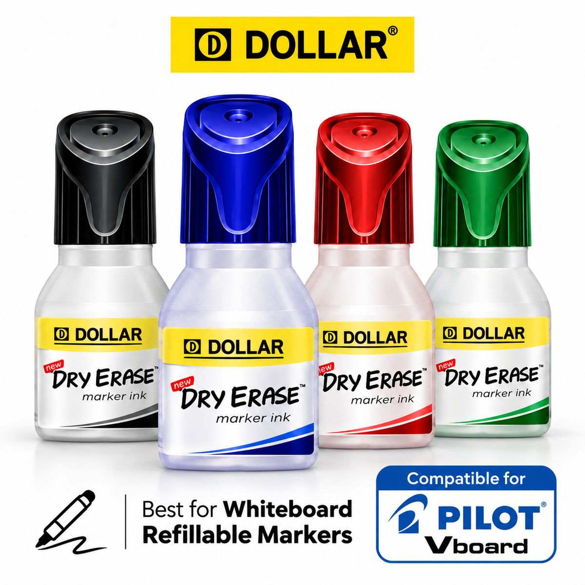 Dollar Dry Erase Whiteboard Marker Ink Refill 15ml | 4-Color Set