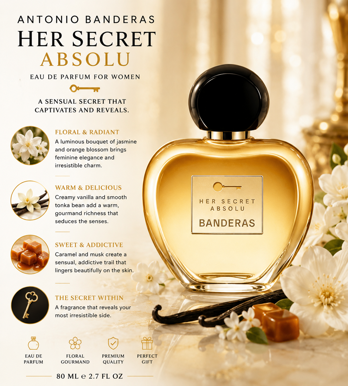 Antonio Banderas Her Secret Absolu EDP for Women – 80ml | Floral Gourmand Fragrance
