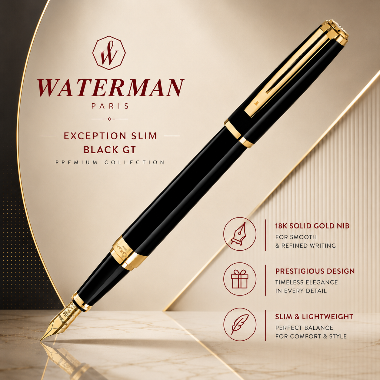 Waterman Exception Slim Black GT Fountain Pen – 18K Gold Nib