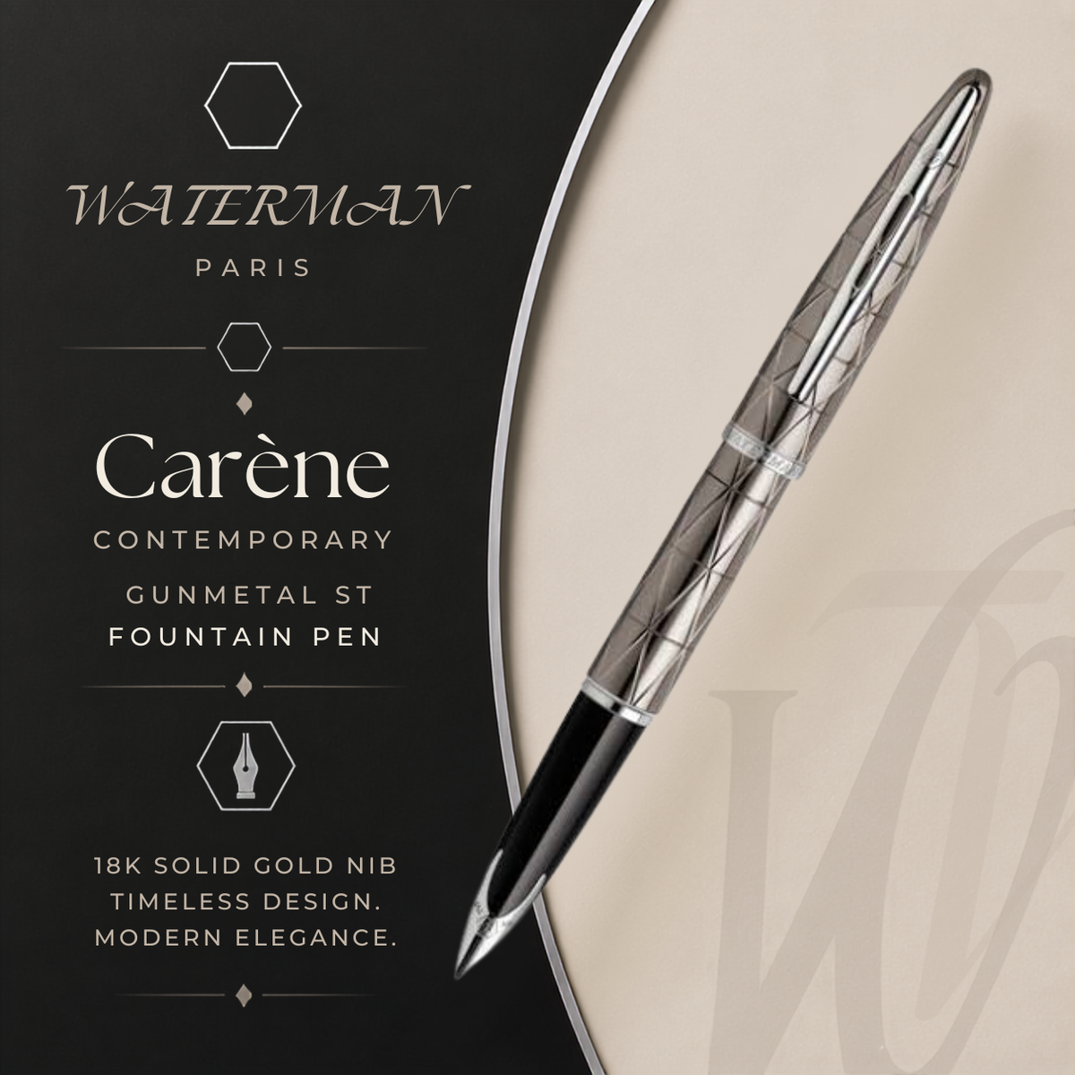 Waterman Carène Contemporary Gunmetal ST Fountain Pen – 18K Solid Gold Rhodium-Plated Medium Nib