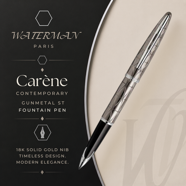 Waterman Carène Contemporary Gunmetal ST Fountain Pen – 18K Solid Gold Rhodium-Plated Medium Nib