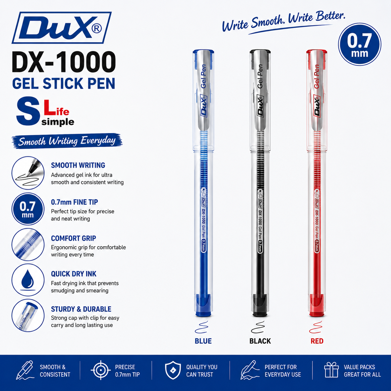 DUX Gel Pen DX-1000 – 0.7mm Gel Pen | Blue, Black & Red | Bulk Pack
