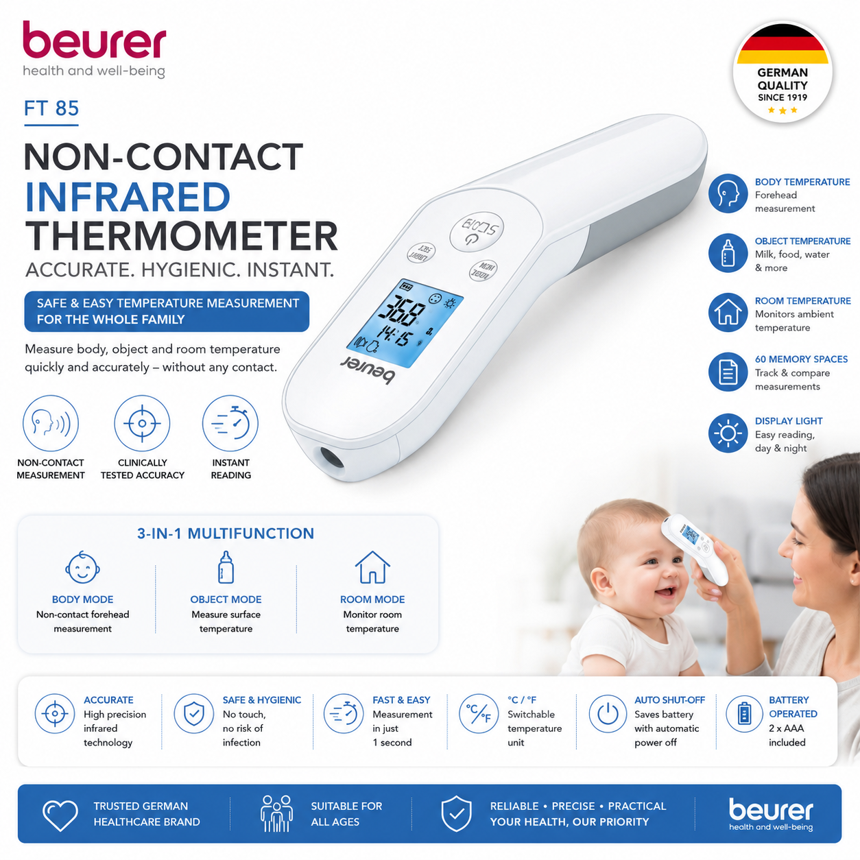 Beurer FT 85 non-contact infrared forehead thermometer, white digital device