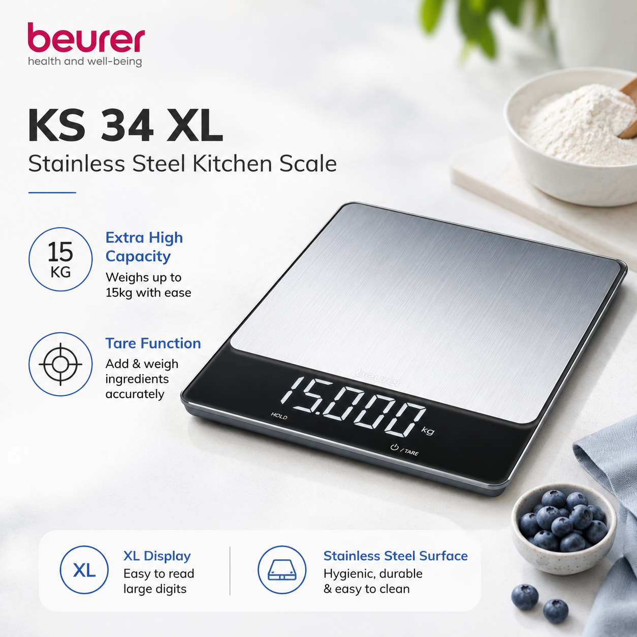 Beurer KS 34 XL stainless steel kitchen scale, digital food scale