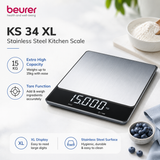 Beurer KS 34 XL stainless steel kitchen scale, digital food scale