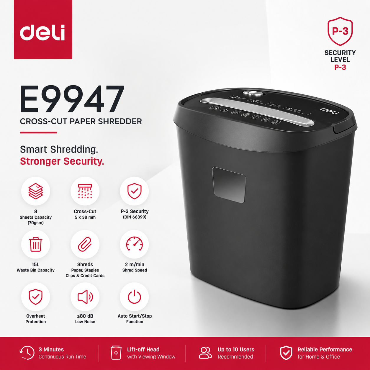 Deli E9947 Cross-Cut Paper Shredder – 8 Sheets | P-3 Security | 15L Bin | Shreds Paper, Staples, Clips & Credit Cards