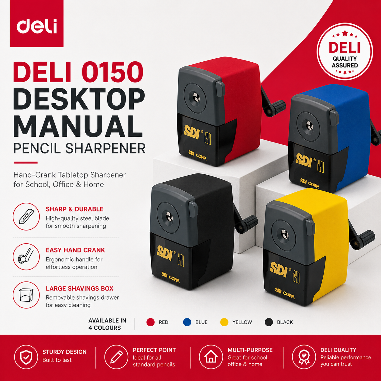 Deli 0150 Desktop Manual Pencil Sharpener – Hand-Crank Tabletop Sharpener for School, Office & Home