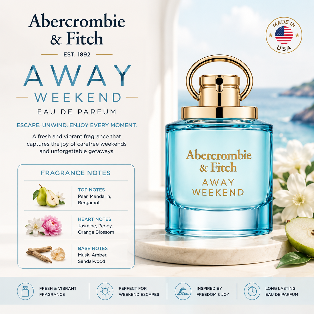Abercrombie & Fitch Away Weekend EDP 100ml, women's perfume bottle