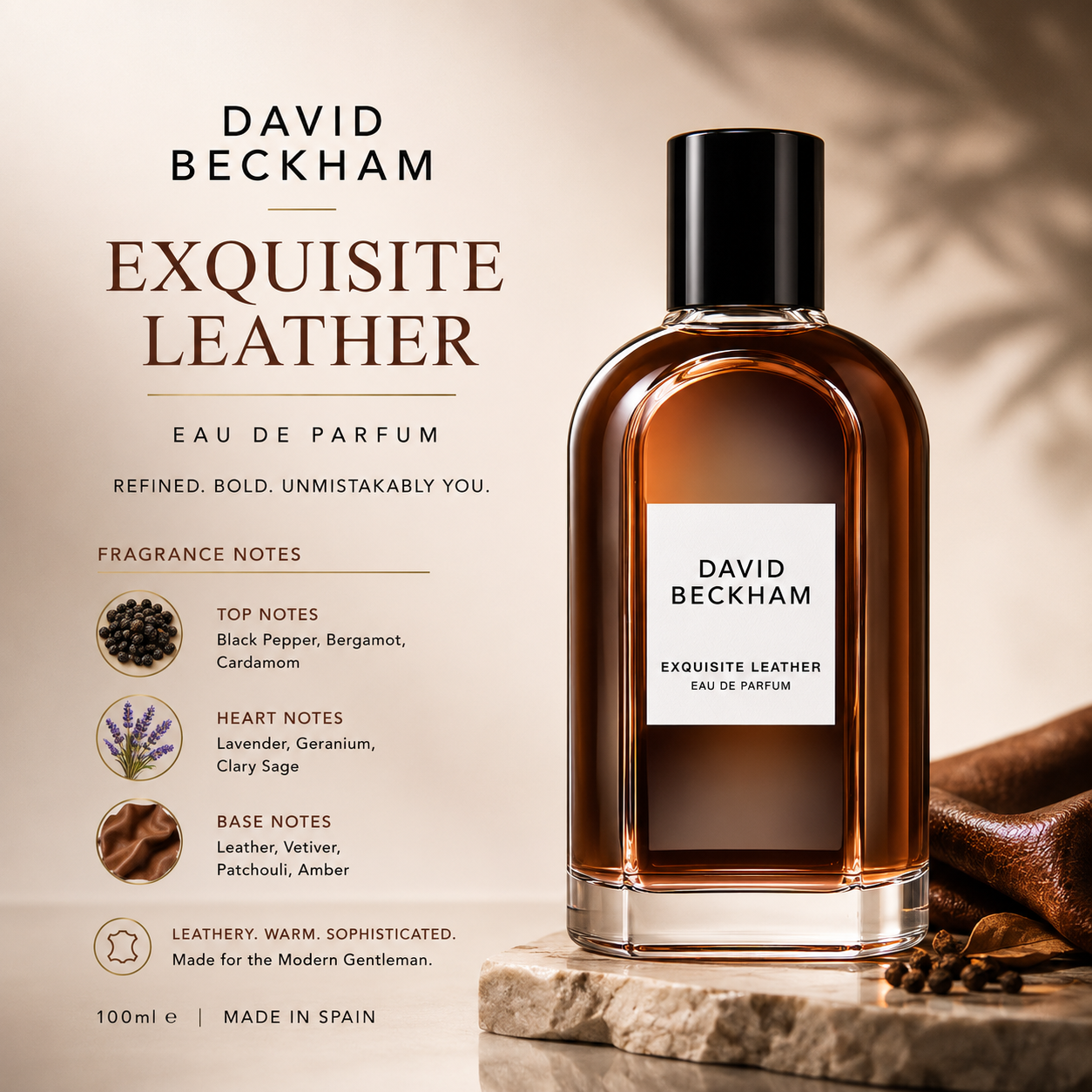 David Beckham Exquisite Leather EDP 100ml, men's fragrance bottle