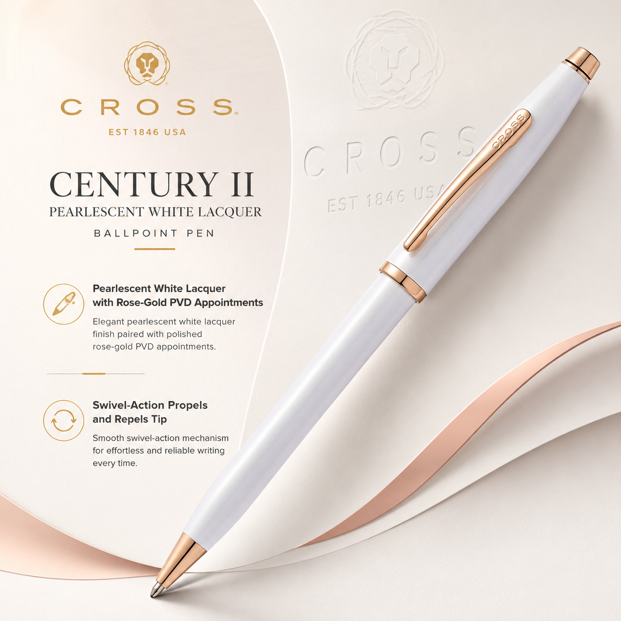 Cross Century II ballpoint pen, pearlescent white lacquer barrel
