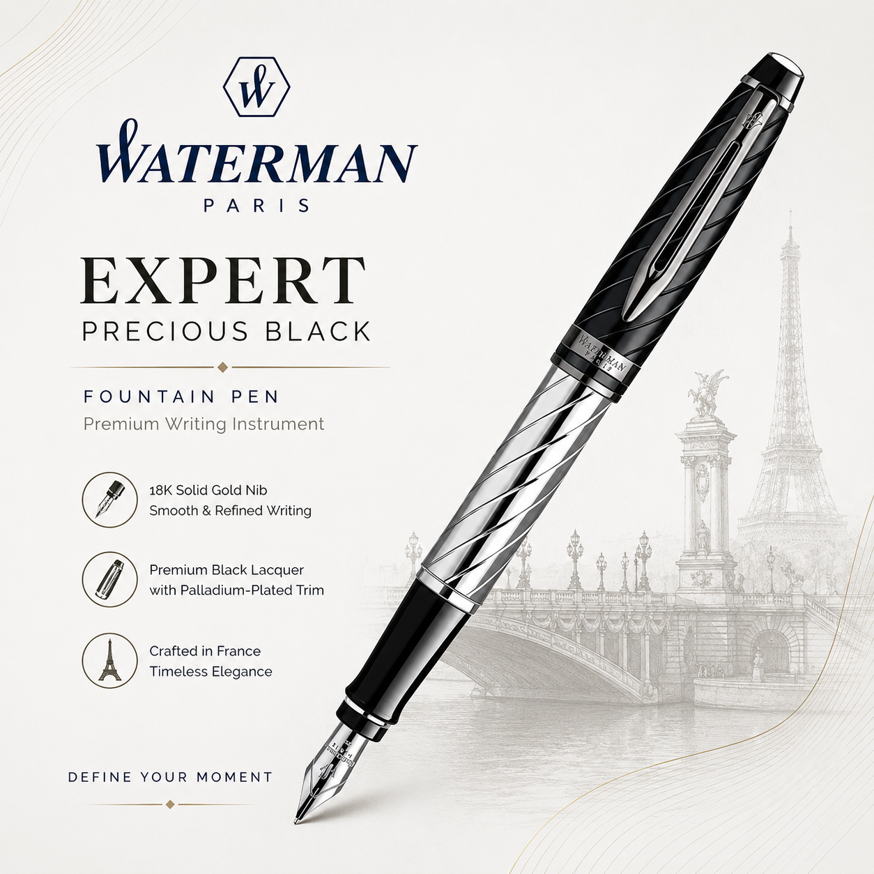 Waterman Expert Precious Black Fountain Pen – Premium Writing Instrument