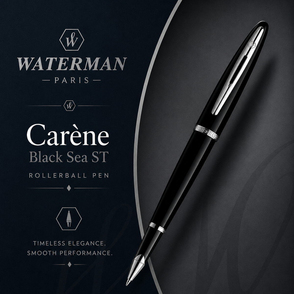 Waterman Carène Rollerball Pen – Black Sea with Stainless Steel Trim