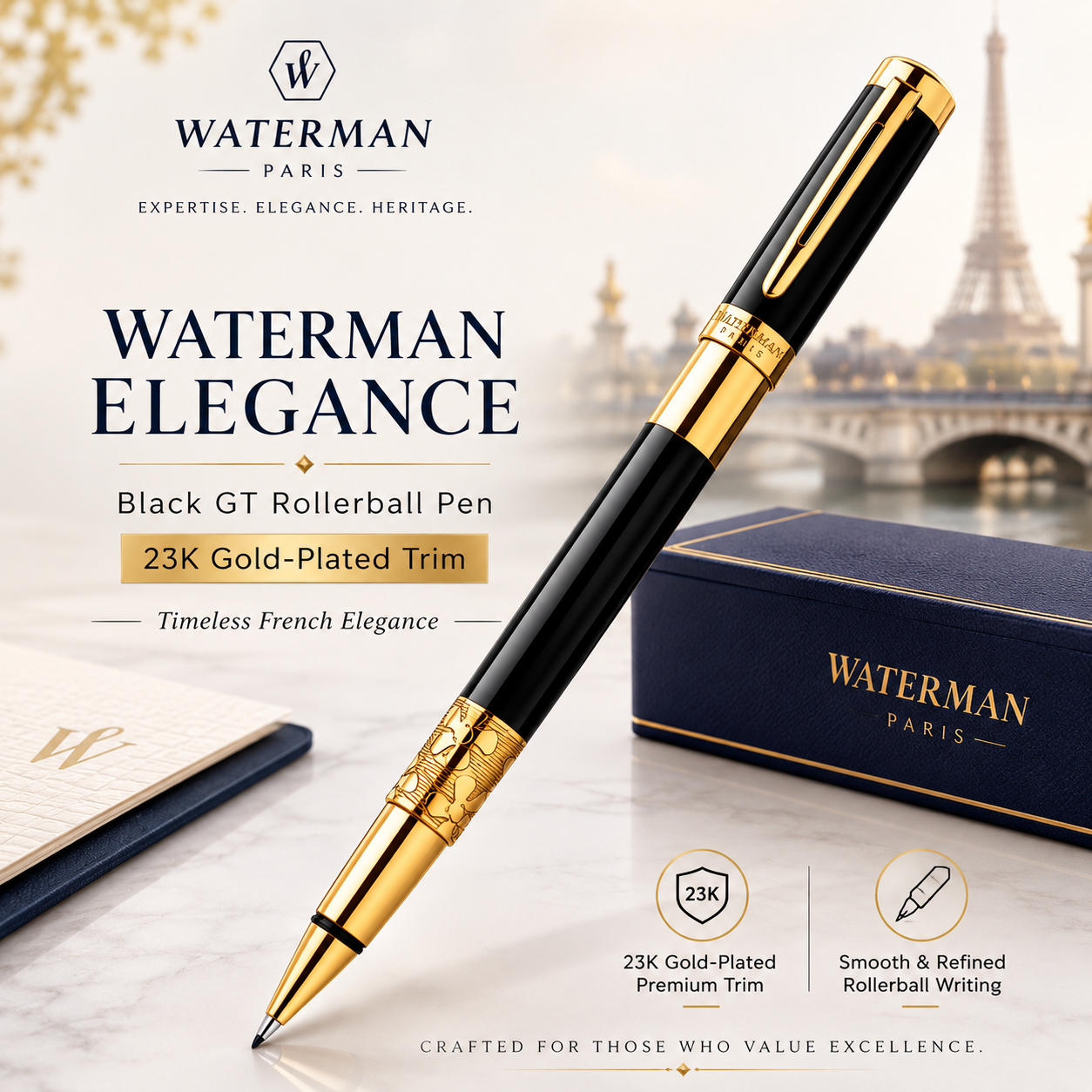 Waterman Elegance Black GT Rollerball Pen – 23K Gold-Plated Trim