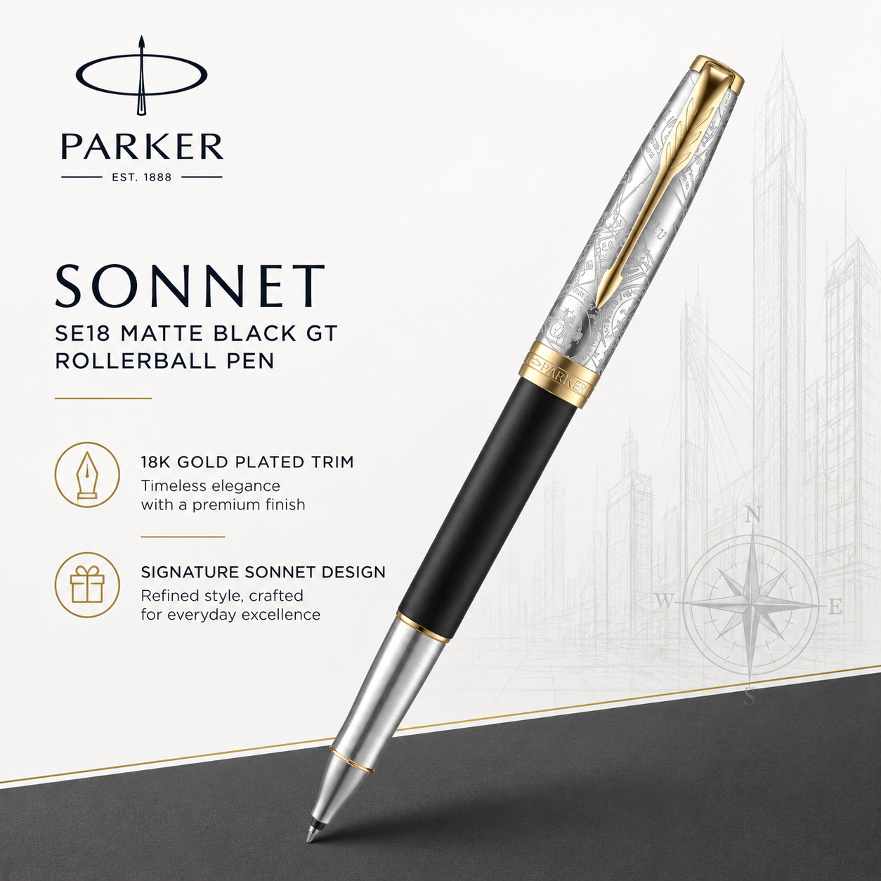 Parker Sonnet SE18 Matte Black GT Rollerball Pen