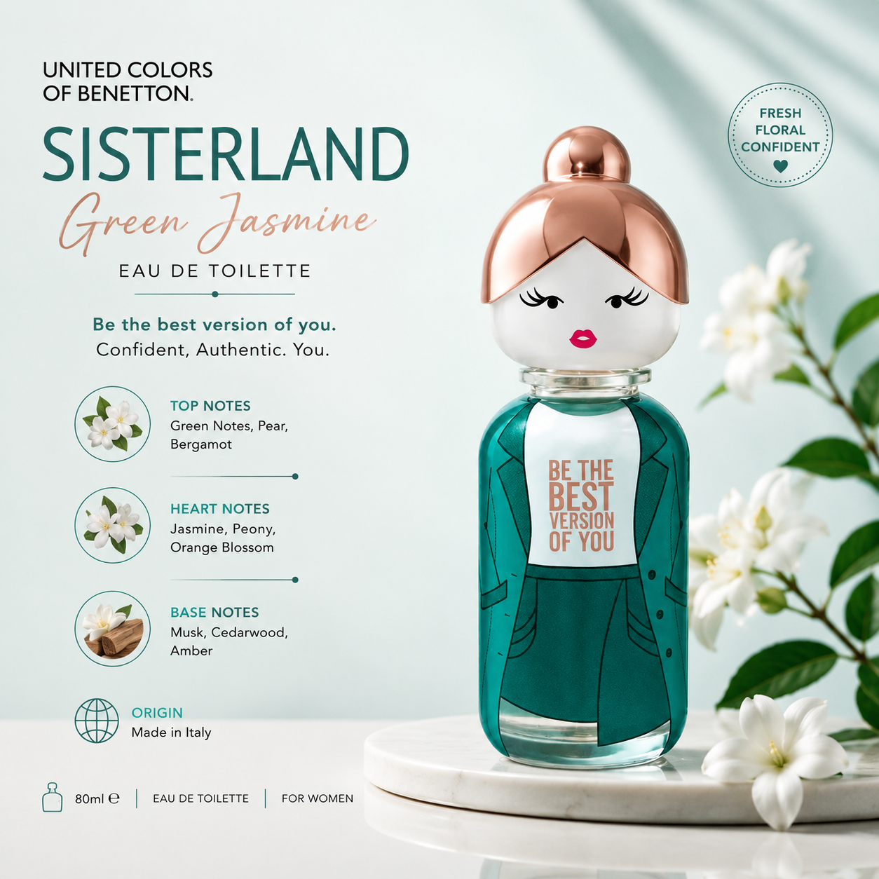 Benetton Sisterland Green Jasmine EDT 80ml, green women's fragrance bottle