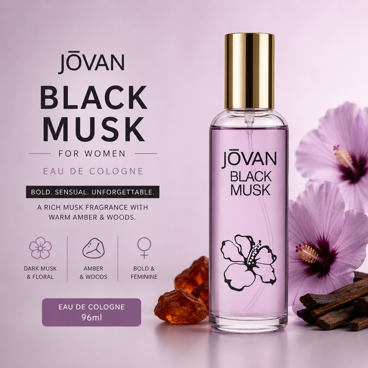 Jovan Black Musk for Women Eau de Cologne 96ml | Bold Dark Musk with Amber & Woods