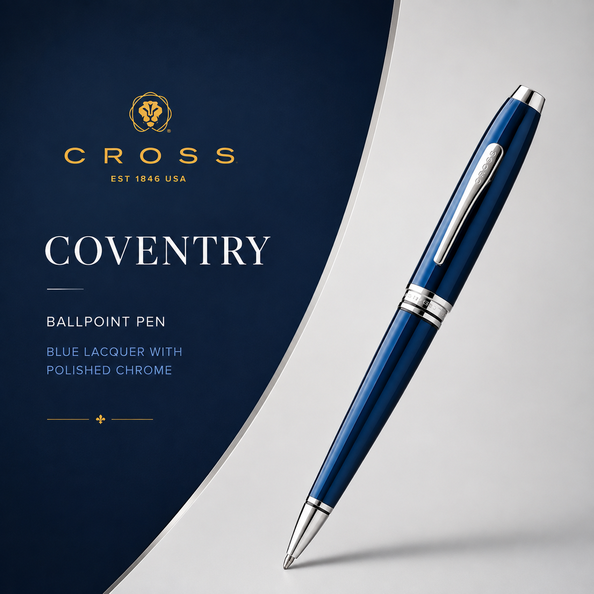 Cross Coventry Ballpoint Pen – Blue Lacquer with Polished Chrome (Blue Ink)
