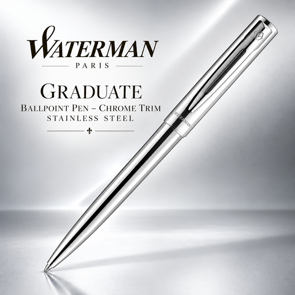 Waterman Graduate Ballpoint Pen – Chrome Trim Stainless Steel Medium Point
