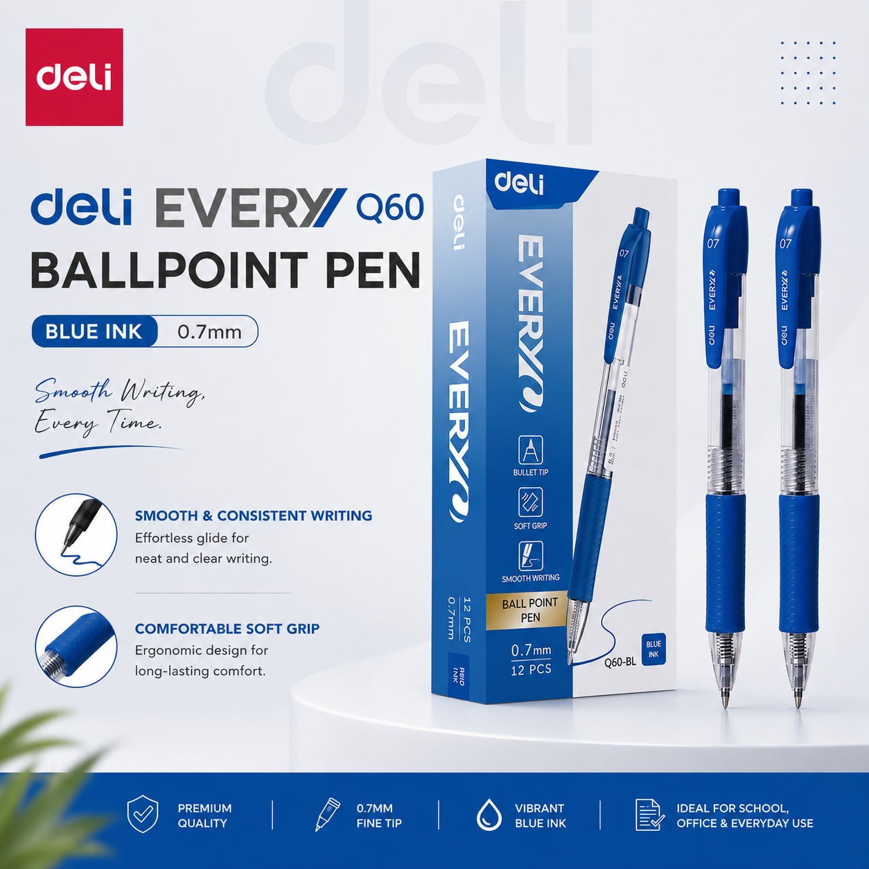 Deli Every Q60 Ballpoint Pen – 0.7mm (Blue / Black / Red)