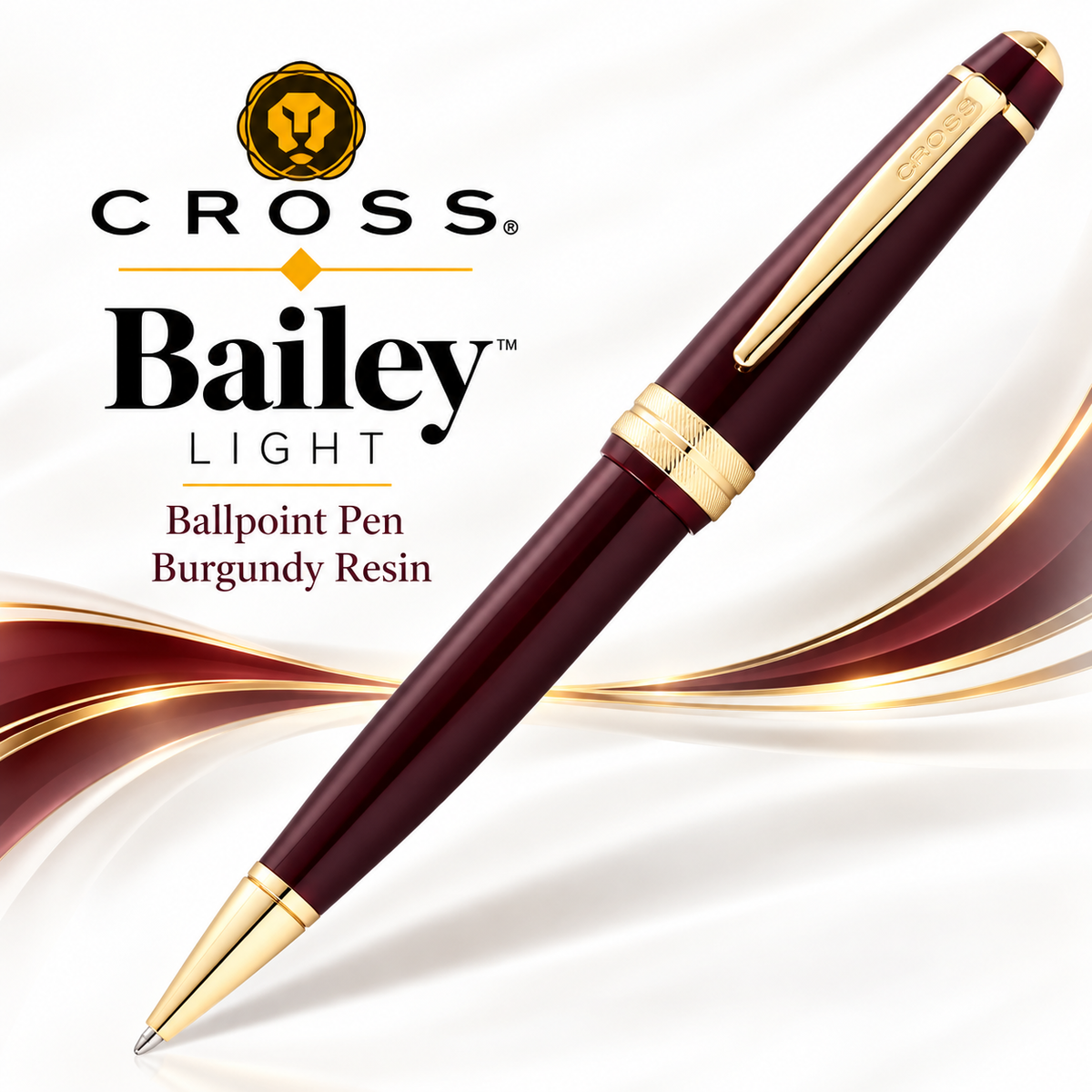 Cross Bailey Light Ballpoint Pen – Burgundy Resin & Gold Plated Trim (Medium)