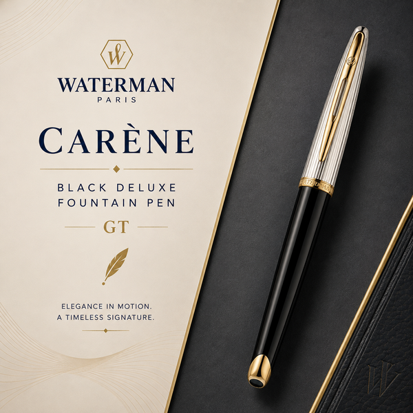 Waterman Carène Fountain Pen – Black Deluxe with Gold Trim (18K Gold Nib)