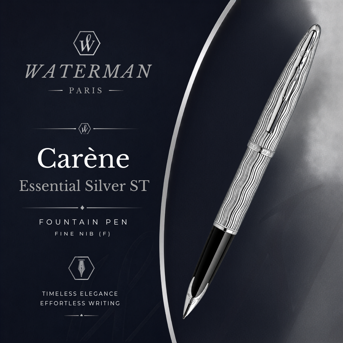Waterman Carène Essential Fountain Pen – Silver with Silver Trim (18K Gold Nib)