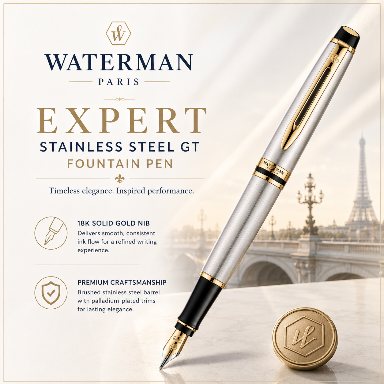 Waterman Expert Stainless Steel GT Fountain Pen – Premium Writing Instrument
