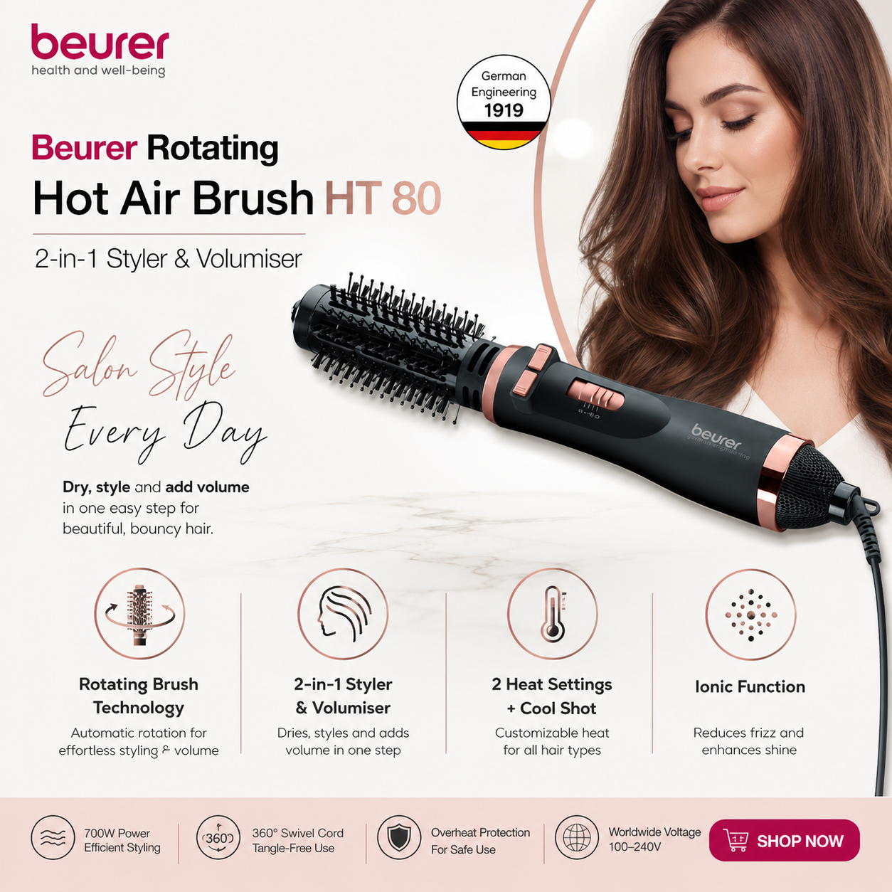 Beurer HT 80 rotating hot air brush, 2-in-1 styler and volumiser