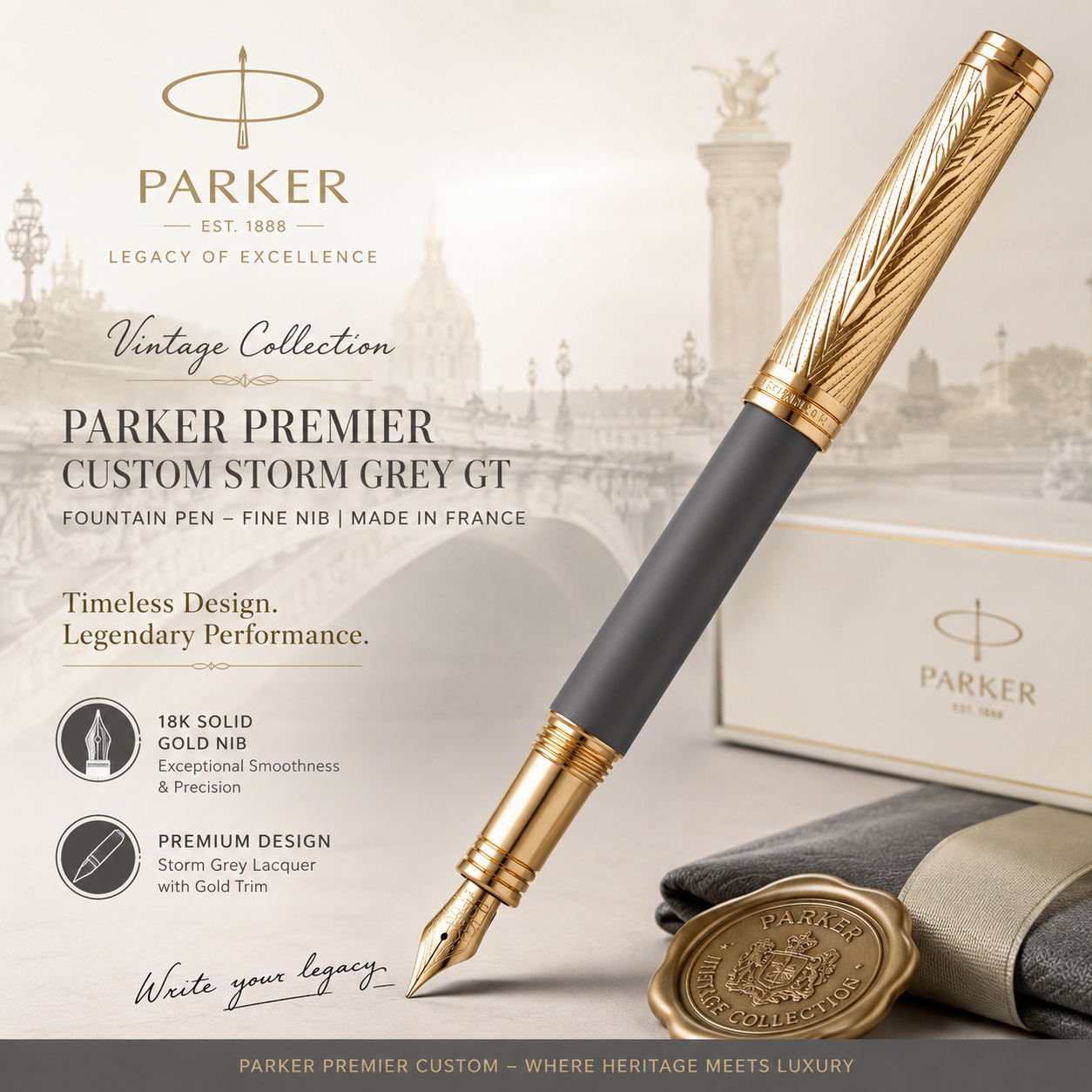 Parker Premier Custom Storm Grey GT Fountain Pen – Fine Nib | Made in France