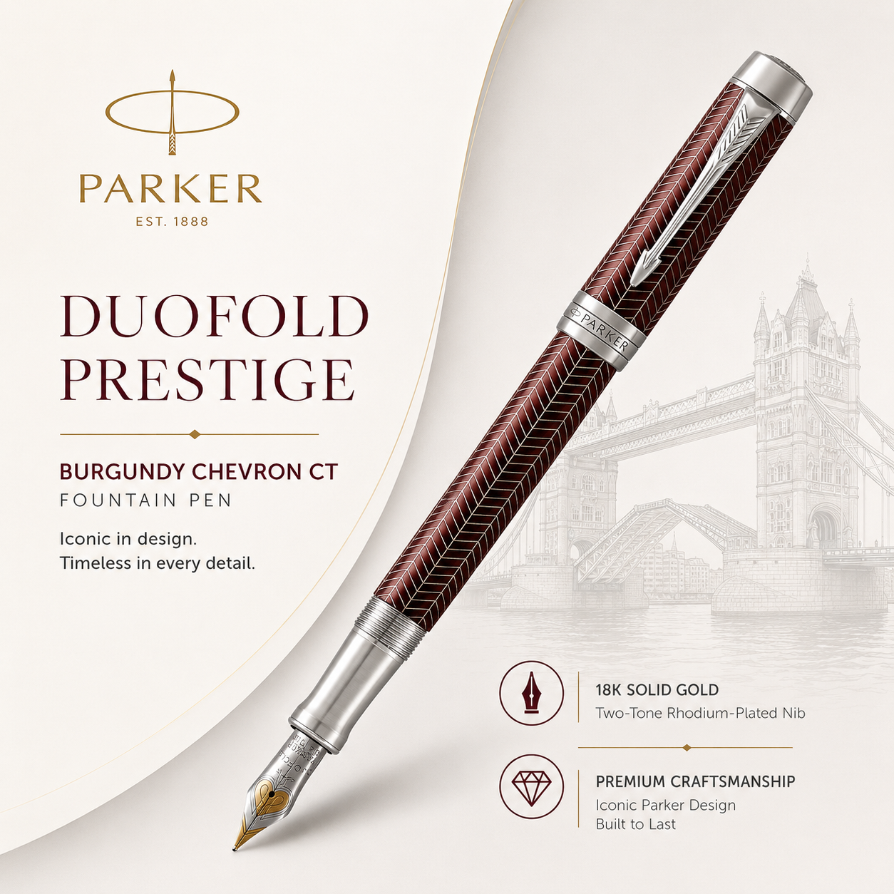 Parker Duofold Prestige Burgundy Chevron CT Fountain Pen – 18K Solid Gold Two-Tone Rhodium-Plated Nib