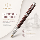 Parker Duofold Prestige Burgundy Chevron CT Fountain Pen – 18K Solid Gold Two-Tone Rhodium-Plated Nib