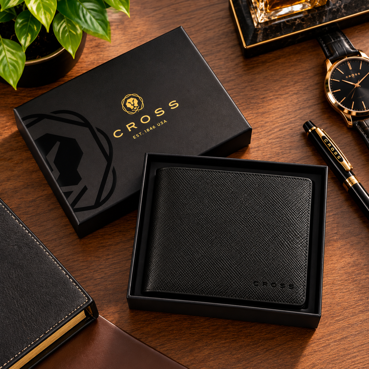 Cross Saffiano Leather 4CC Bifold Wallet with Coin Pocket - Black