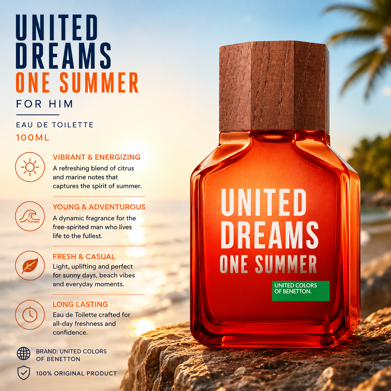 Benetton United Dreams One Summer for Him EDT 100ml, men's fragrance bottle