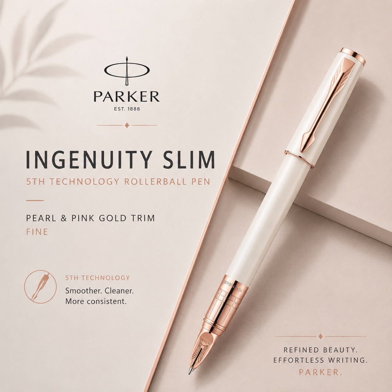 Parker Ingenuity Slim 5th Technology Rollerball Pen | Pearl & Pink Gold Trim, Fine