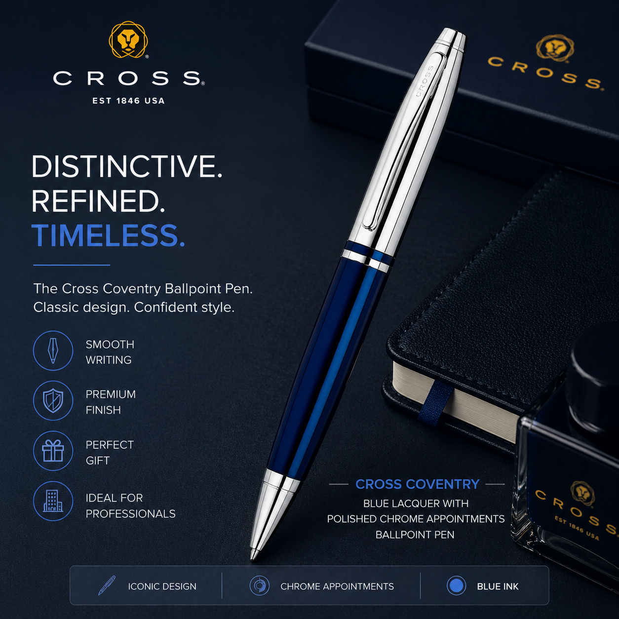 Coventry Blue Lacquer with Polished Chrome Appointments Ballpoint Pen (Blue Ink)