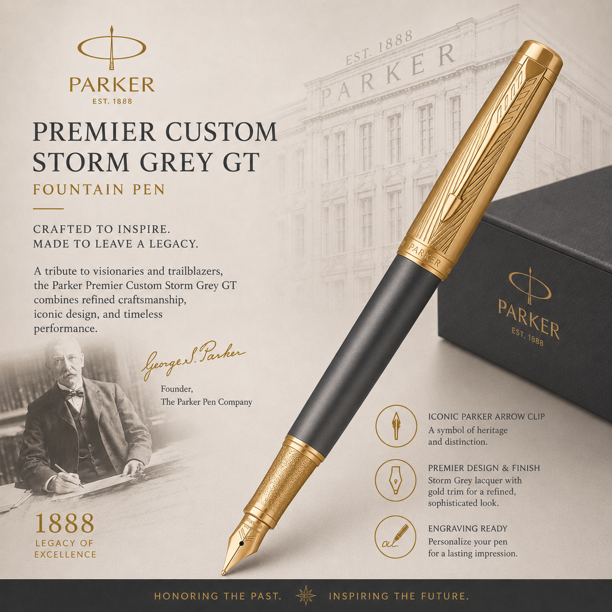 Parker Premier Custom Storm Grey GT Fountain Pen | Luxury Gold Trim Writing Instrument