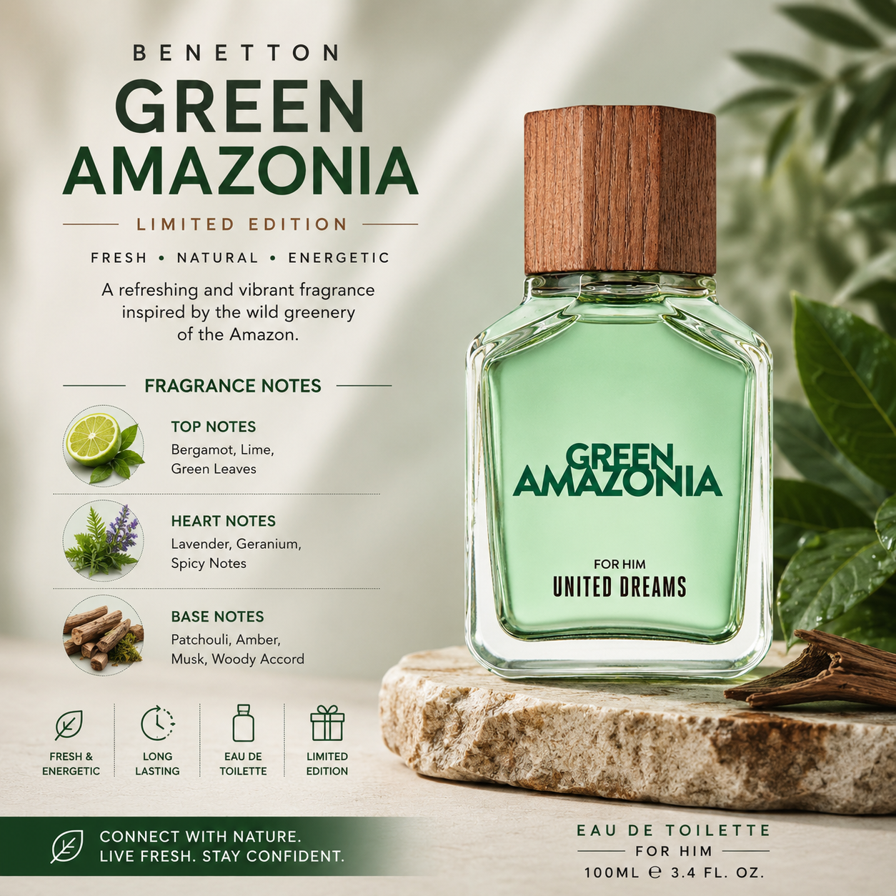 Benetton Green Amazonia Limited Edition EDT 100ml – Fresh Men's Fragrance