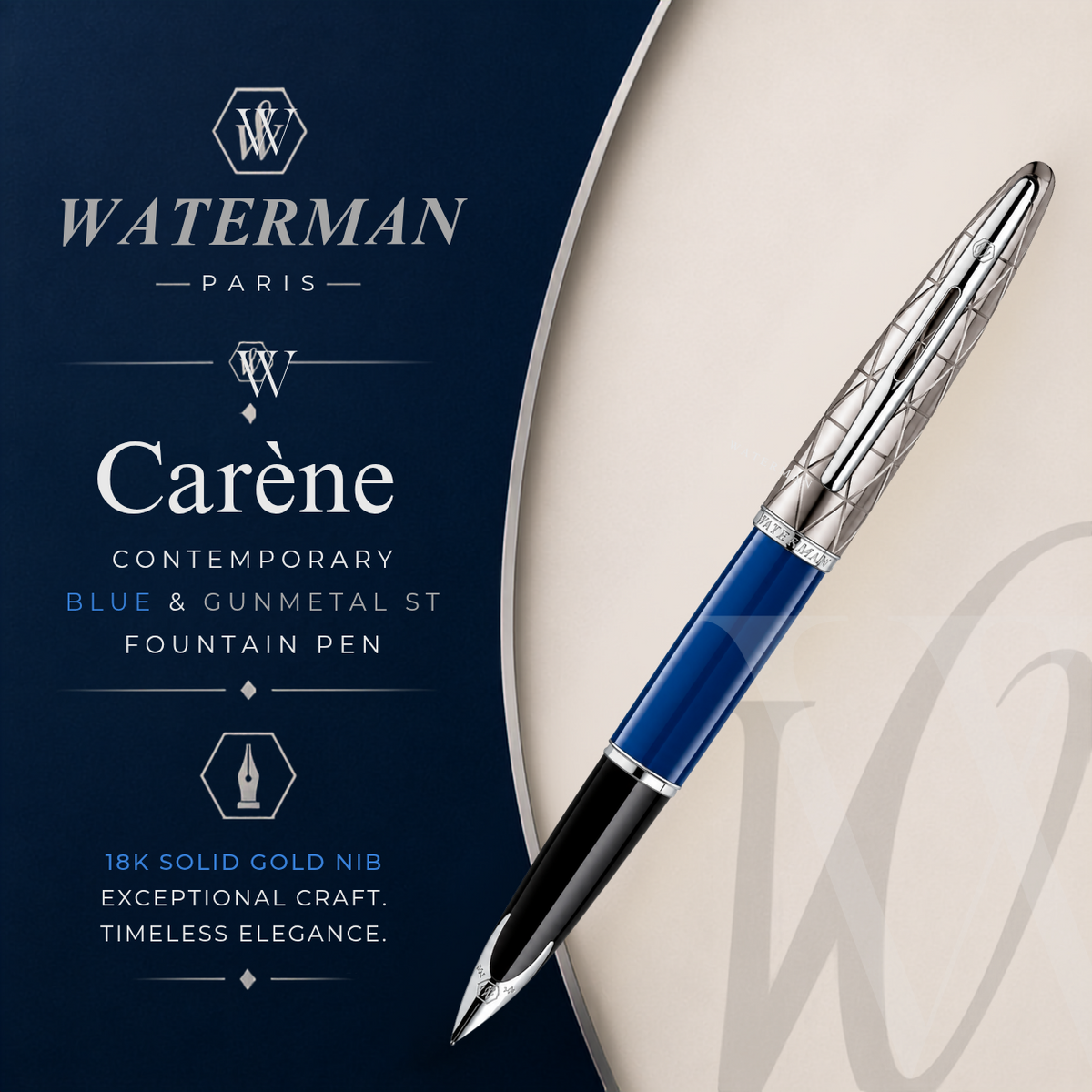 Waterman Carène Fountain Pen – Contemporary Blue & Gunmetal (18K Gold Nib)