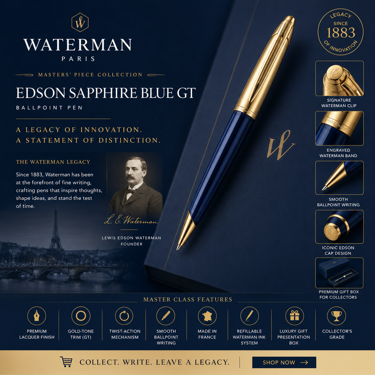 Waterman Edson Sapphire Blue GT Ballpoint Pen | Made in France