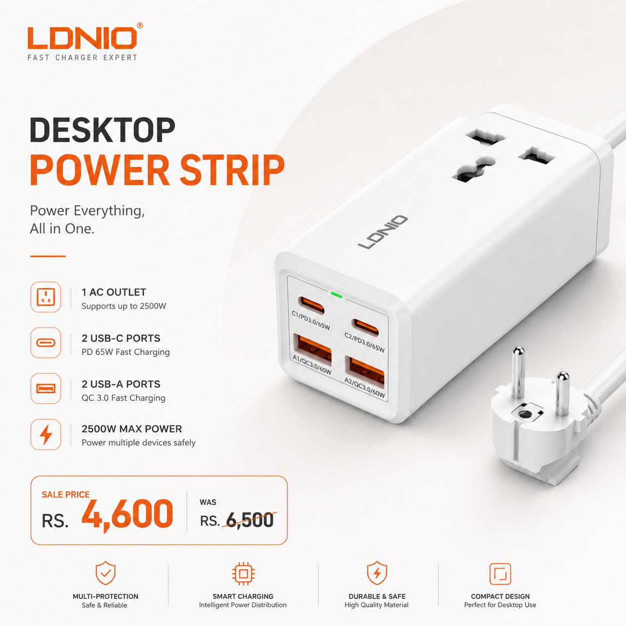 LDNIO Desktop Power Strip – 1 AC Outlet, 2 USB-A, 2 USB-C, 2500W (White)