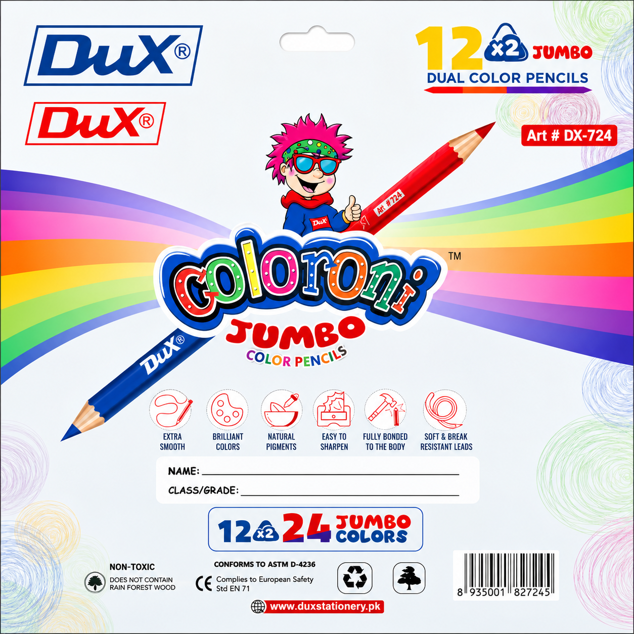 Dux Coloroni Jumbo Dual Colour Pencils – 12 Double-Ended Pencils (24 Colors) with Free Sharpener | DX-724