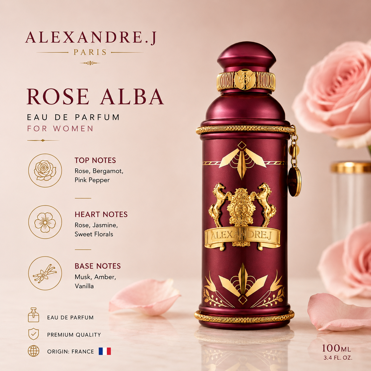Alexandre.J Rose Alba EDP 100ml, women's perfume bottle