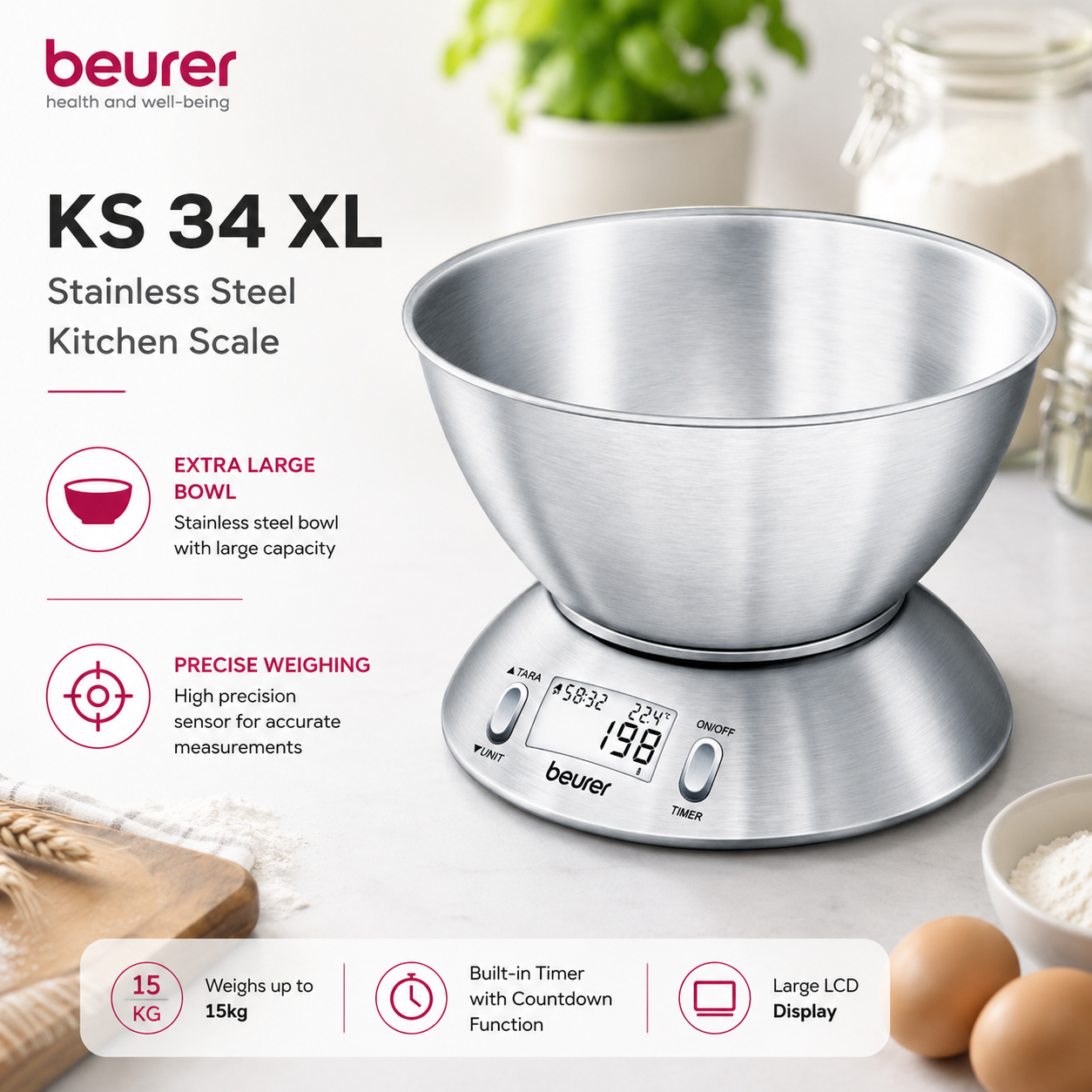 Beurer KS 54 stainless steel kitchen scale with bowl, digital food scale