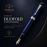 Parker Duofold Centennial Classic Blue & Black CT Fountain Pen – 18K Solid Gold Rhodium-Plated Nib